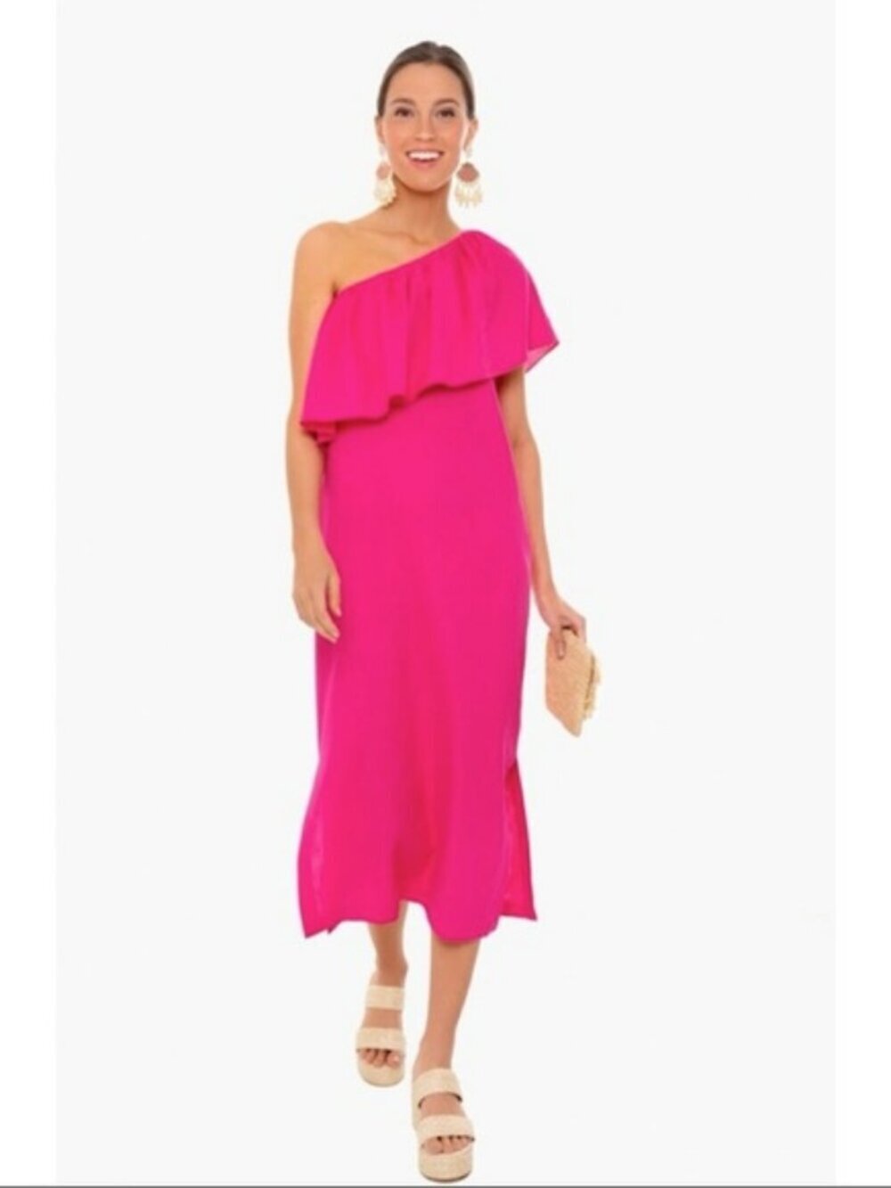 Pomander Place Linen Blend Florencia Hot Pink One Shoulder Ruffle Dress Midi XS